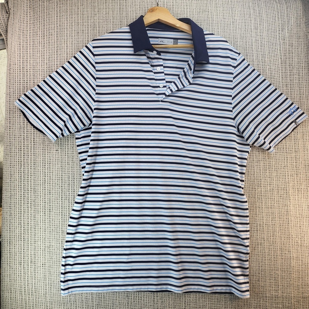 KJUS Polo Shirt Mens XL Blue White Striped Golf Comfort Fit Performance Tech